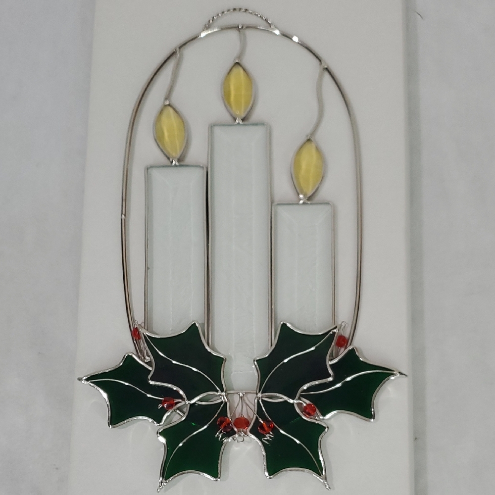 Stained Glass Candle and Holly Window Decoration Suncatcher Candles Oval Holiday